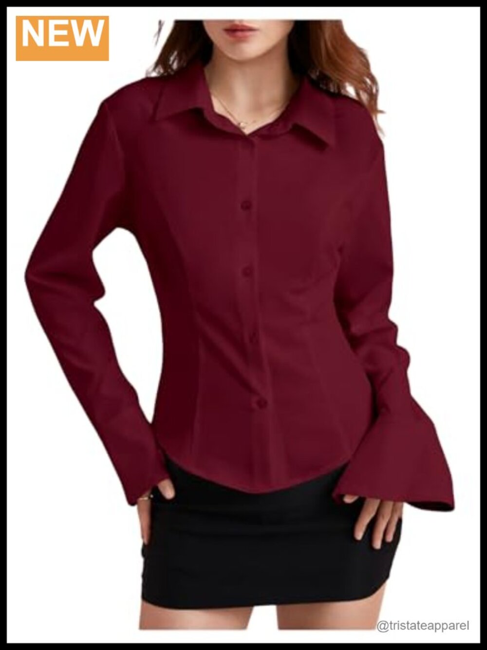 Women's Bell Sleeve Button Down Blouse Lace Up Back Asymmetrical Hem